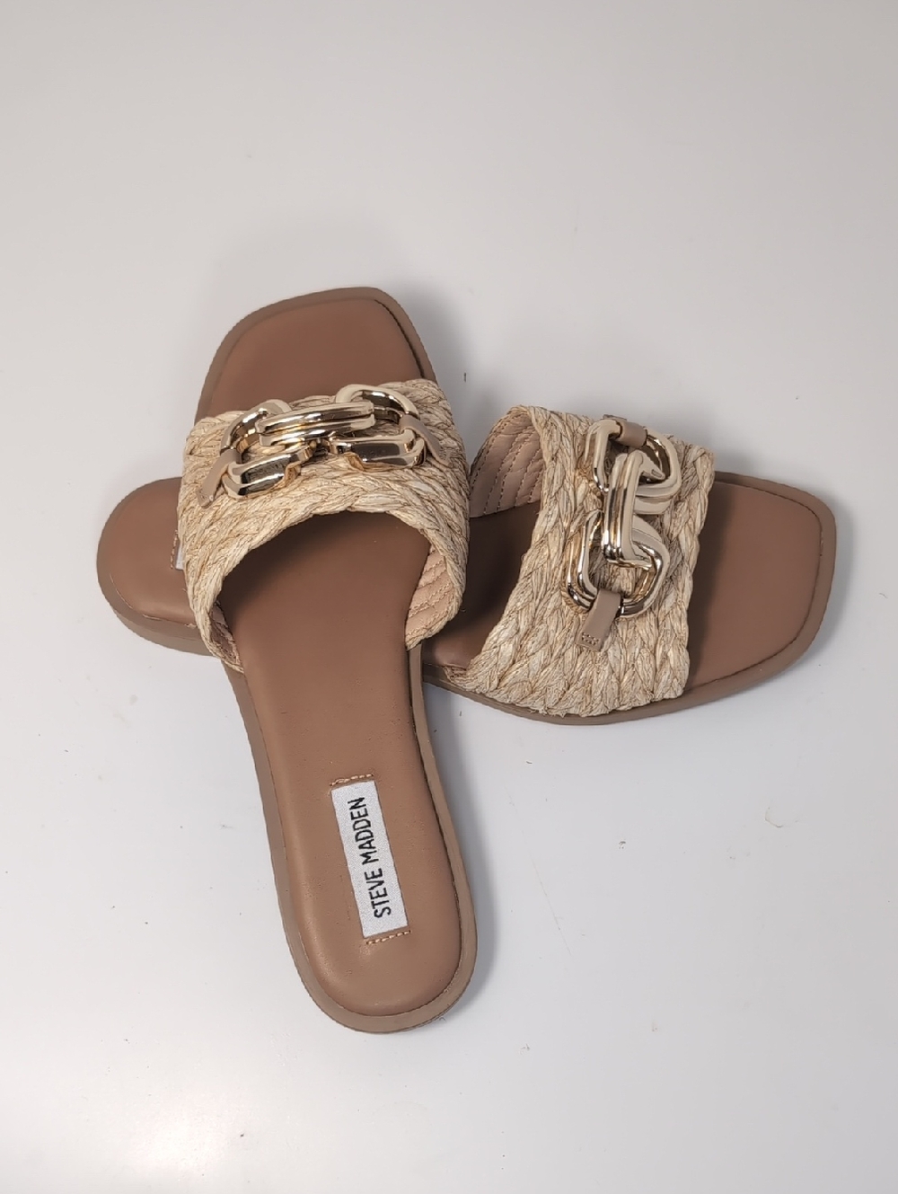 Steve Madden Tan Braided Slide Sandals with Gold Chain Accent